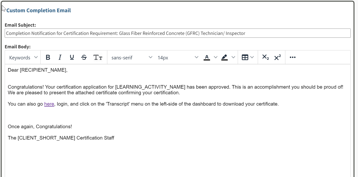 How to create a custom completion email Oasis LMS
